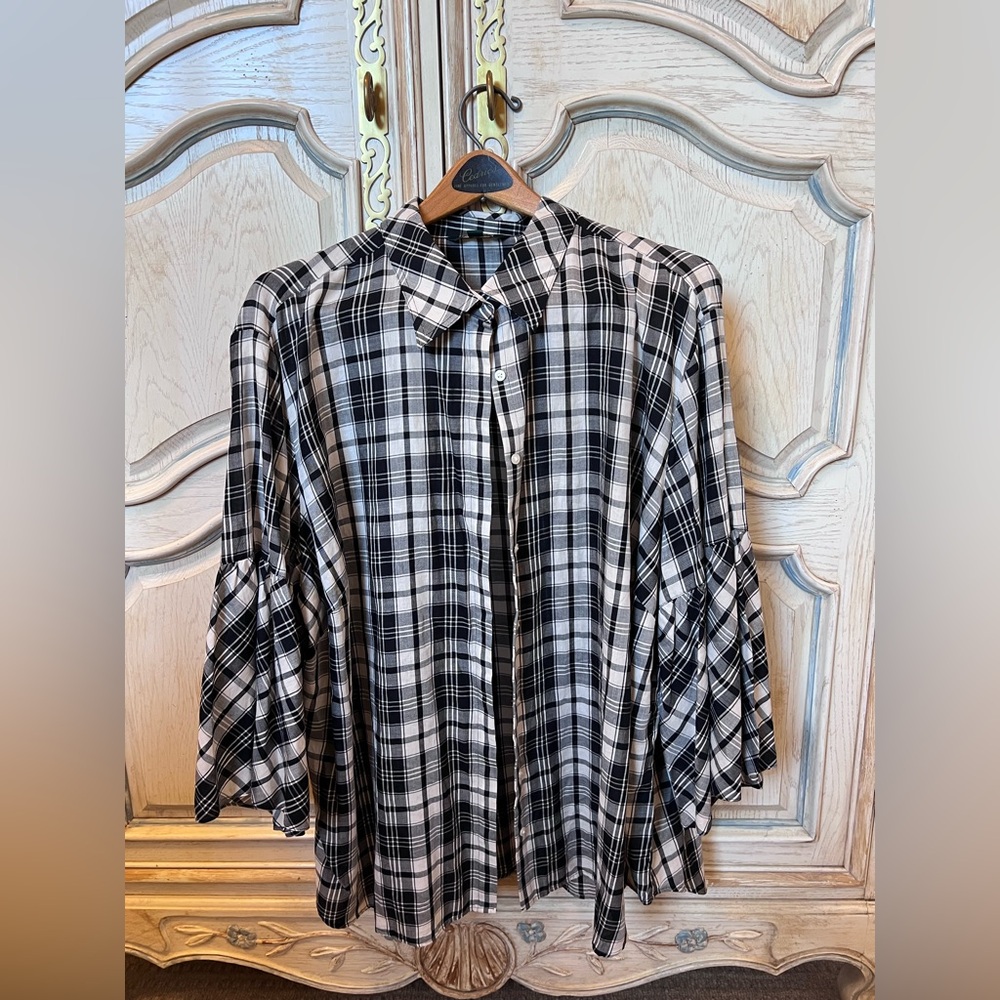 Lauren Ralph Lauren 3/4 Bell Sleeve Button Down 100% Cotton Plaid 3X